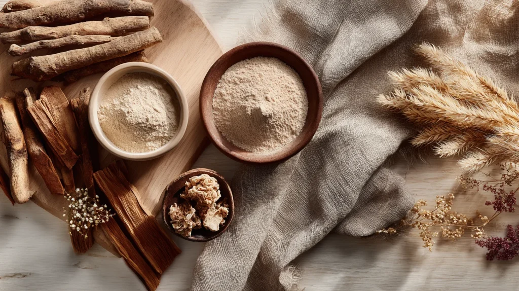 flatlay de racines et poudres d'adaptogènes sur fond de bois ou de lin