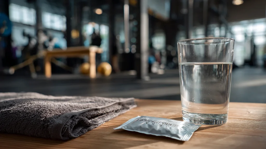 Verre d'eau et sachet de créatine monohydrate posés sur un sol de salle de sport