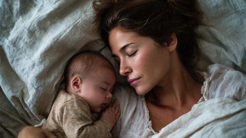 une femme allongée, fatiguée mais sereine, dans un lit avec son nouveau-né
