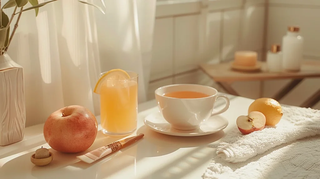 Un doux rituel matinal comprenant des soins du visage, une tisane.