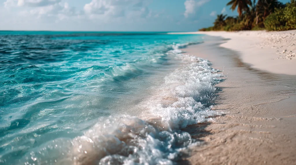 Plage de sable blanc paisible, eau turquoise cristalline, vagues douces caressant le rivage, lumière naturelle éclatante.