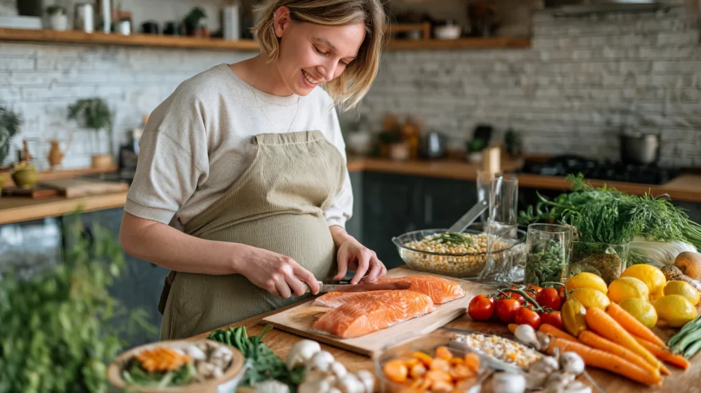 Femme enceinte dans une cuisine, préparant un repas coloré avec légumes, légumineuses et poissons