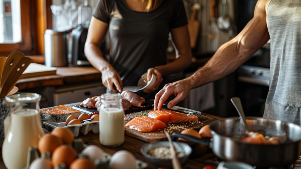 Un couple préparant un repas protéiné dans une cuisine moderne