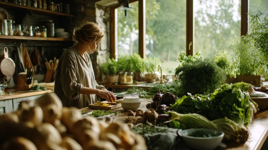 une femme qui cuisine, ambiance lumineuse et naturelle, légumes et produits frais en premier plan