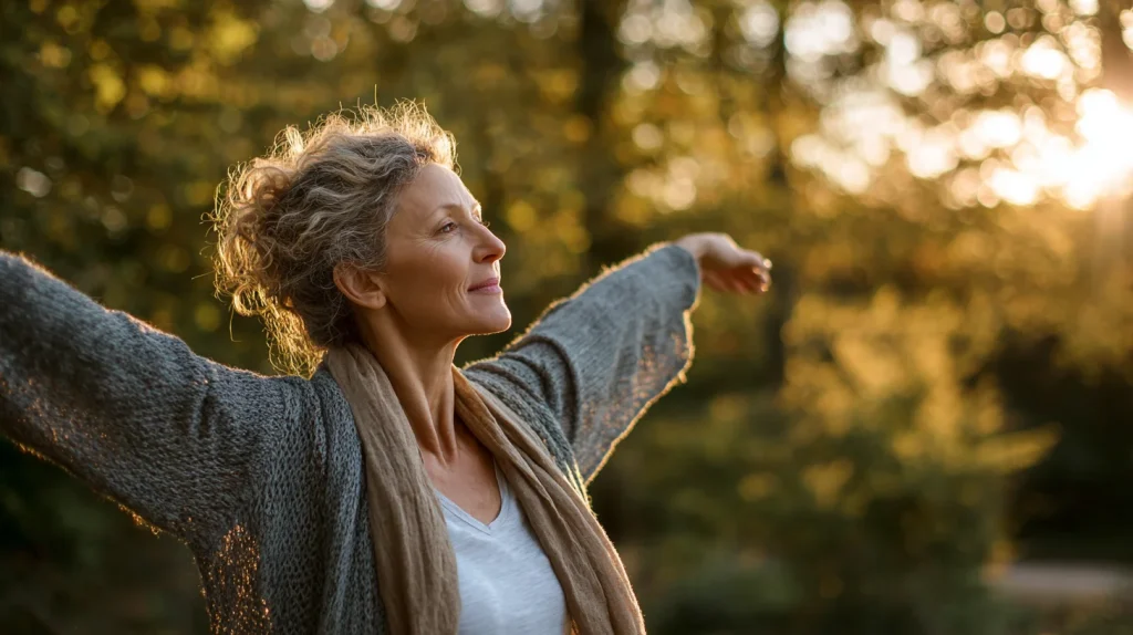 femme d'une cinquantaine d'années en activité physique extérieure