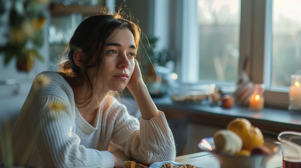 Une femme d'une trentaine d'années, en phase lutéale de son cycle menstruel, se sentant légèrement fatiguée et introspective, mais calme et consciente d'elle-même.