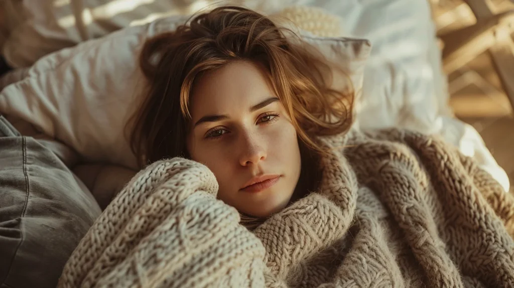 Une femme d'une trentaine d'années, en pleine période menstruelle, calme et introspective, se repose chez elle dans un cadre minimaliste et chaleureux.
