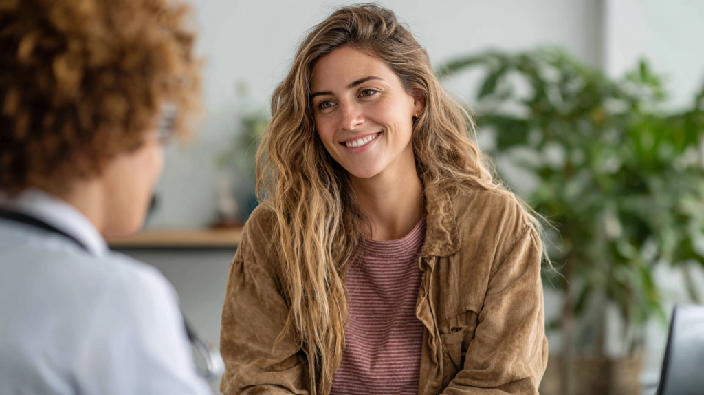 Femme d'une vingtaine d'années en consultation avec un professionnel de santé, ambiance lumineuse et neutre