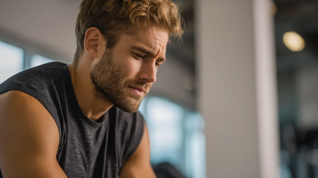 Un jeune athlète souffrant d'effets secondaires liés à la prise de compléments alimentaires : légère rétention d'eau avec gonflement, douleurs abdominales dues à des troubles digestifs et légère crampe musculaire à la jambe, assis dans une salle de sport.