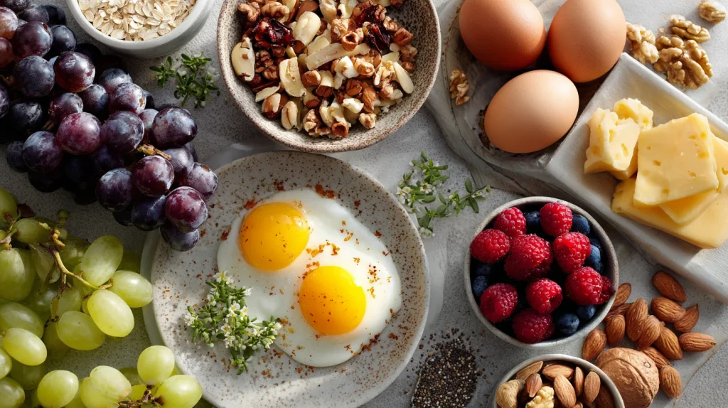 vue aérienne d'un petit-déjeuner équilibré : fruits, noix, œufs, graines.