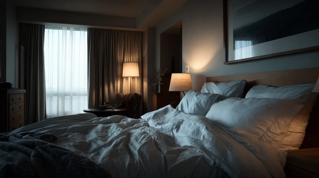 photo d'ambiance chambre sombre, lumière tamisée, draps blancs