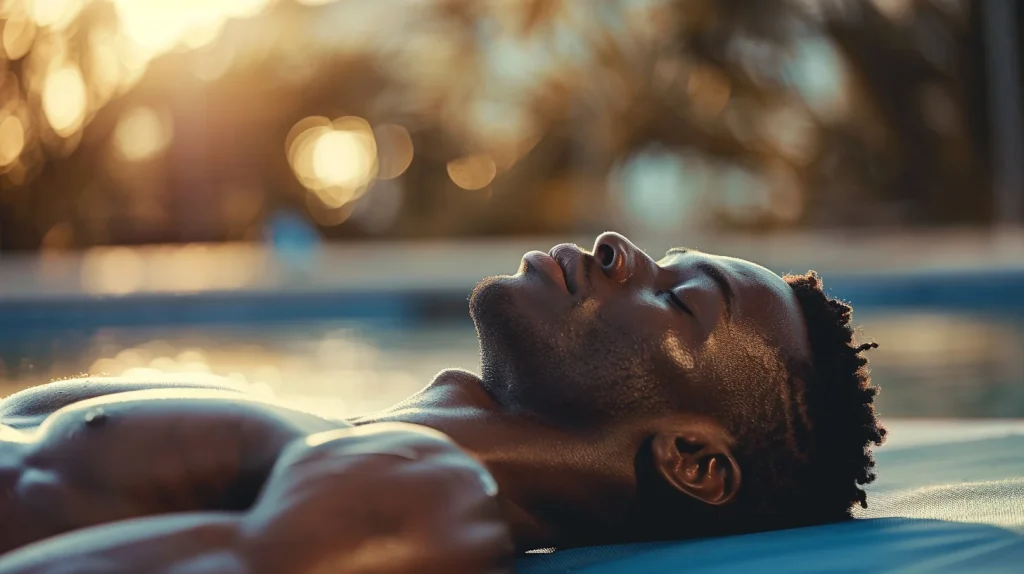 Athlète en position de récupération après l'entraînement, allongé sur un tapis de gym en train de s'étirer