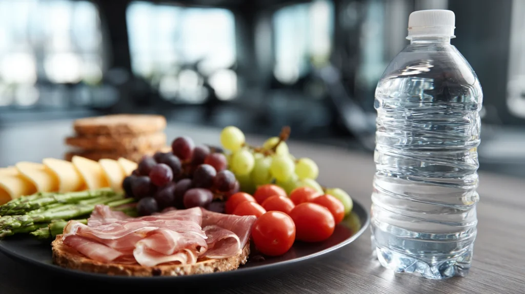 plan serré sur une assiette équilibrée et une gourde, ambiance lumineuse