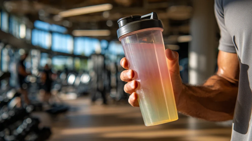 Gros plan sur une main tenant un shaker contenant du pré-workout, dans une salle de sport