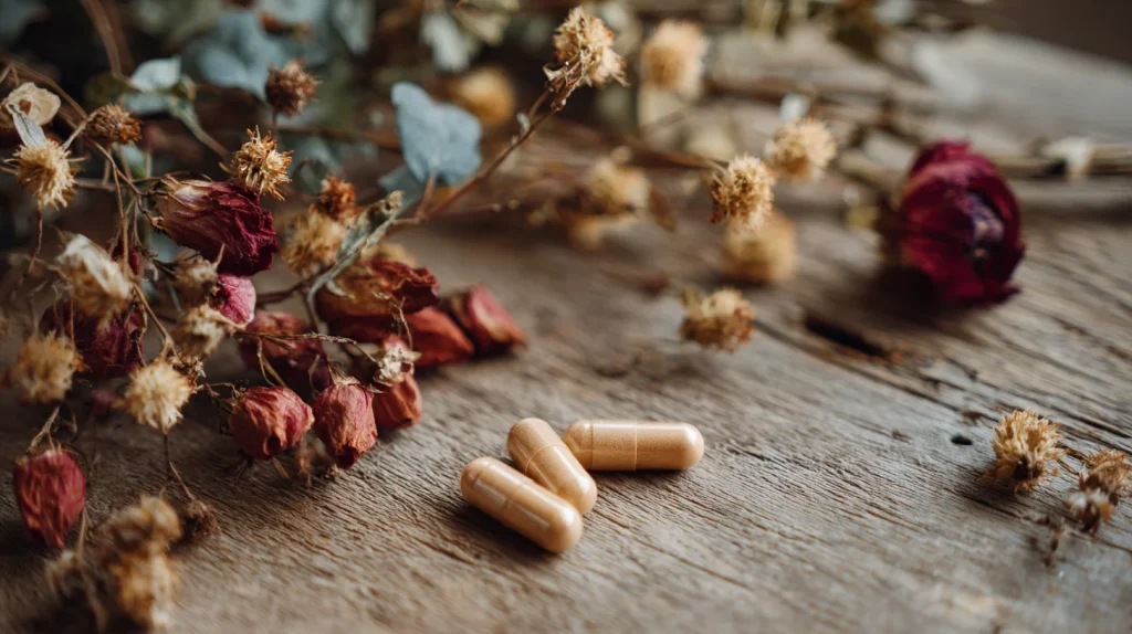 gros plan sur des plantes séchées ou des gélules naturelles sur une surface en bois brut.