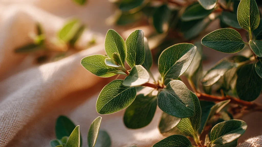 Feuilles d'ashwagandha fraîches dans une ambiance bien-être et fitness haut de gamme.
