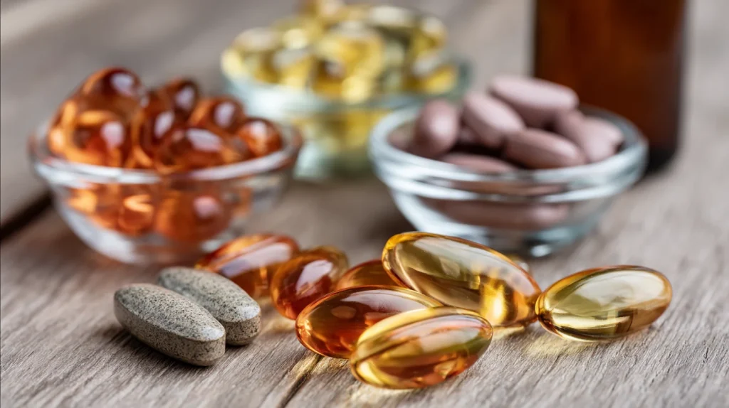 vue rapprochée de compléments alimentaires en capsules transparentes sur une surface en bois clair 