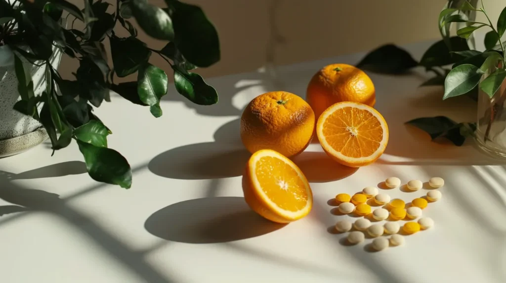 Capsule de vitamines posées sur une table à côté d'oranges découpées en 2