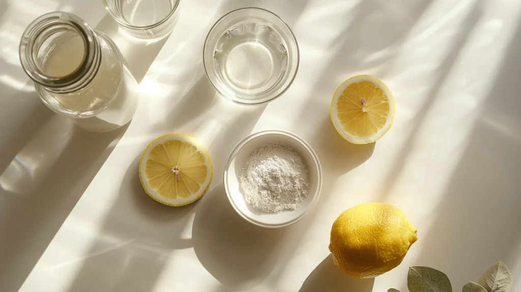 Poudre de collagène dans un petit bol en verre, verre d’eau, tranches de citron frais