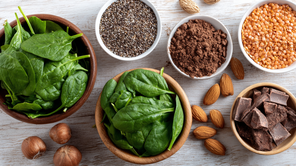 flat lay d'aliments riches en fer et magnésium (épinards, lentilles, amandes, cacao) 