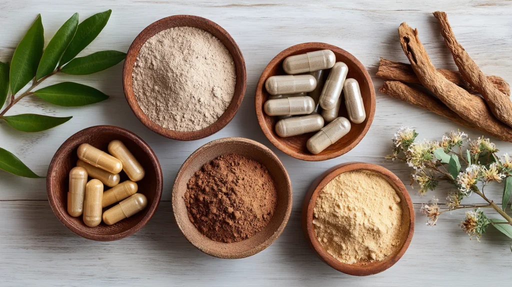 Flat lay de compléments naturels — poudres, gélules, ashwagandha en racine, fond en bois clair —