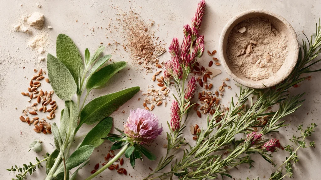 Flat lay de plantes et ingrédients naturels (sauge, trèfle rouge, graines de lin)