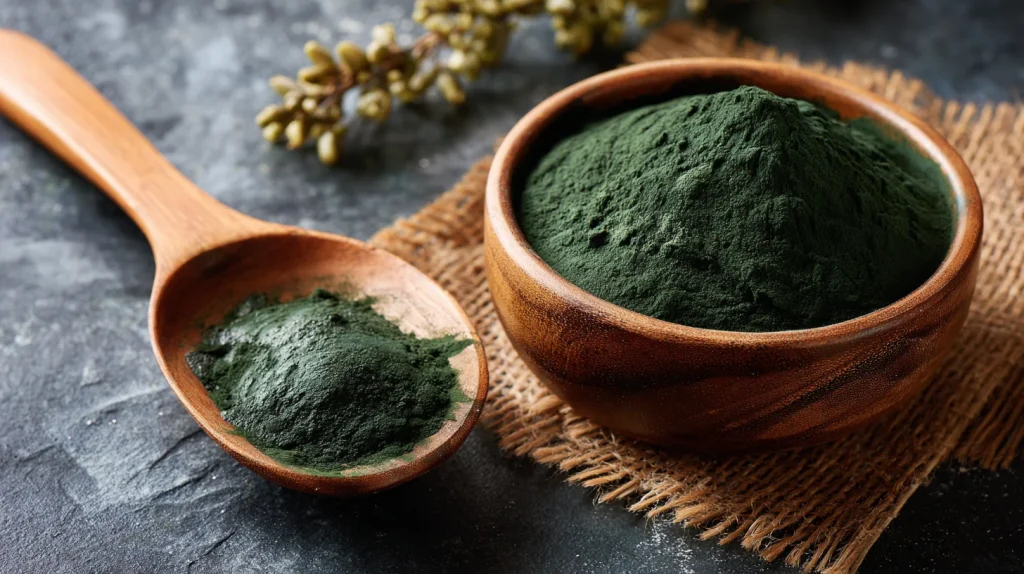 Poudre de chlorella sur une table en bois