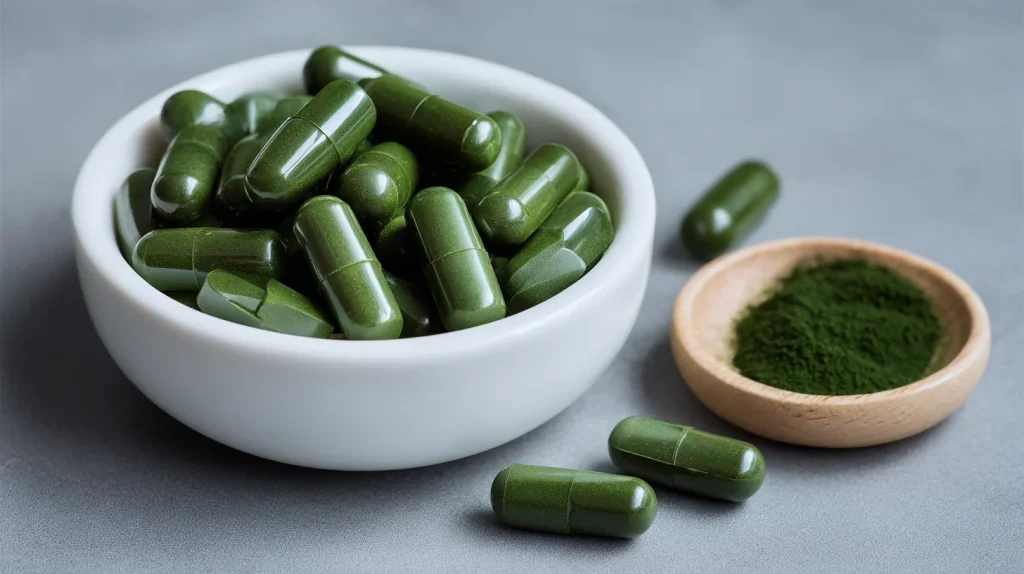 Capsule de chlorella dans un bol