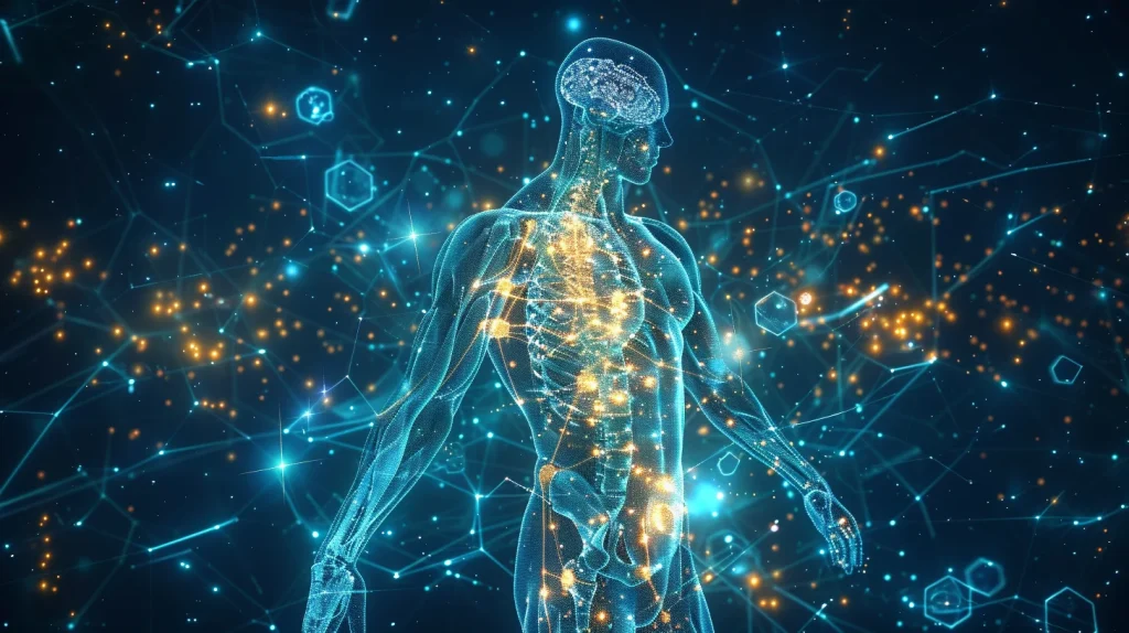Illustration anatomique scientifique du corps humain mettant en évidence les effets du magnésium sur les muscles, le cerveau et le cœur