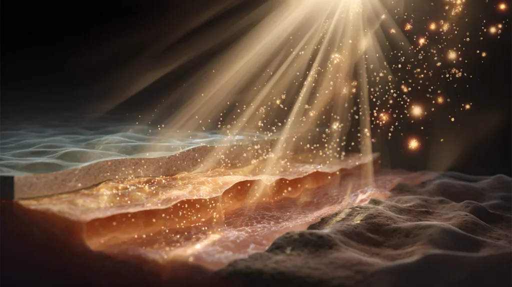 Illustration de la pénétration des rayons UVA et UVB à travers les couches de la peau humaine.