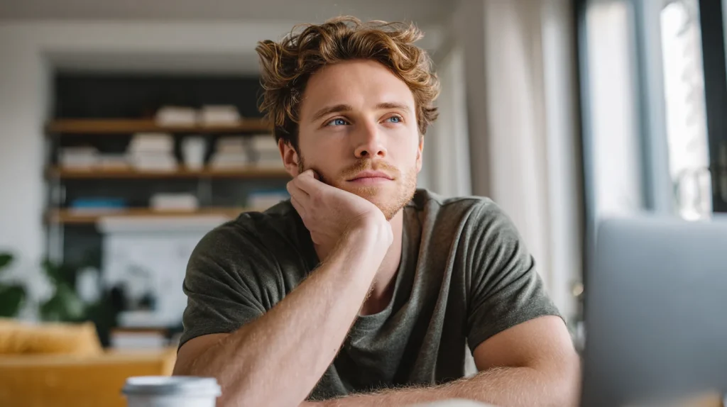 Homme regardant dans le vide et se sentant fatigué