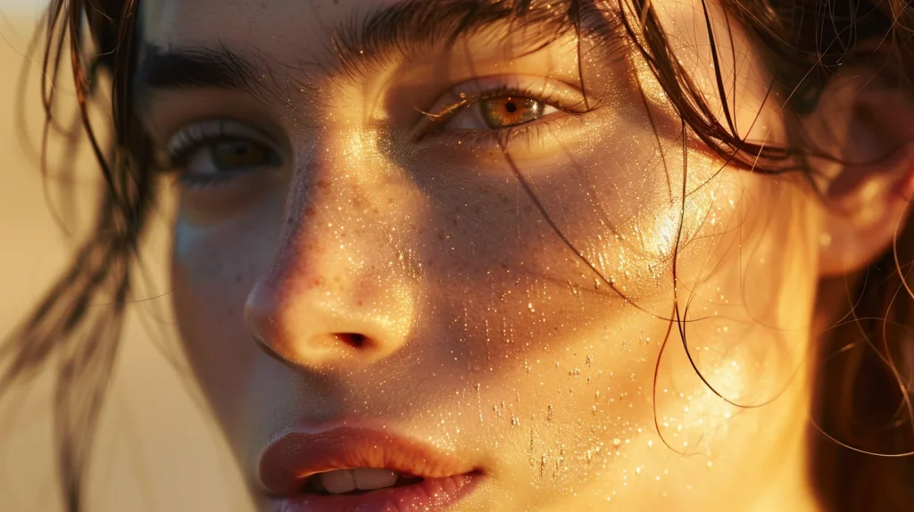 Portrait d'une femme sereine, gros plan sur le visage au grain de peau naturel et réaliste, éclat doux soulignant l'hydratation et la fermeté