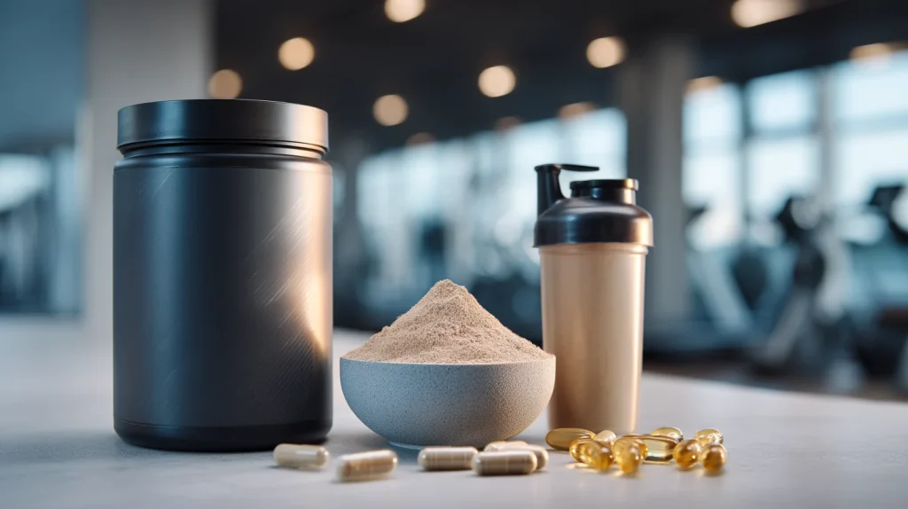 Présentation épurée de poudre de BCAA, d'un shaker et de gélules sur une table d'une salle de sport