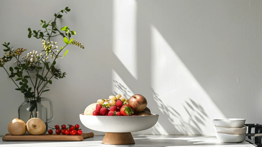 Balance moderne comparant des aliments sains, arrière-plan de cuisine esthétique, douce lumière du matin, ambiance bien-être et nutrition sportive
