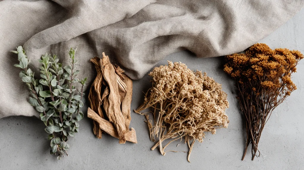 Vue de plantes adaptogènes séchées (racine d'ashwagandha, rhodiola) 