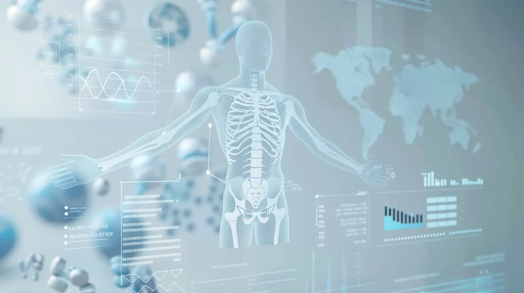 Visualisation minimaliste de recherche scientifique sur le magnésium et la performance sportive : graphiques de données clairs flottant dans une douce lumière, icônes subtiles représentant les muscles, le sommeil, l’inflammation et la récupération