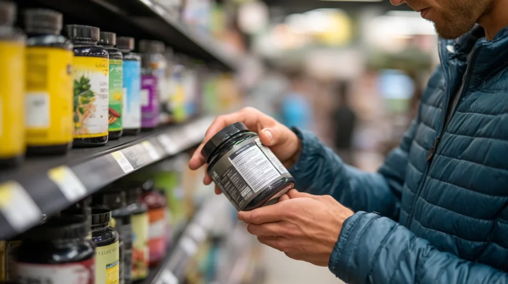Une personne qui lit une étiquette de complément alimentaire dans une parapharmacie
