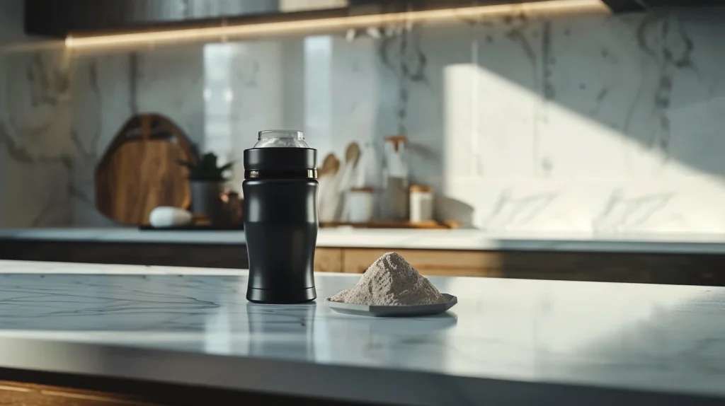 Shaker noir mat et poudre de whey sur un plan de travail de cuisine moderne. 