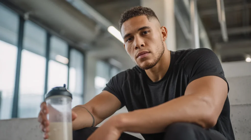 un jeune athlète assis sur un banc après l'entraînement, l'air perplexe, tenant un shaker.