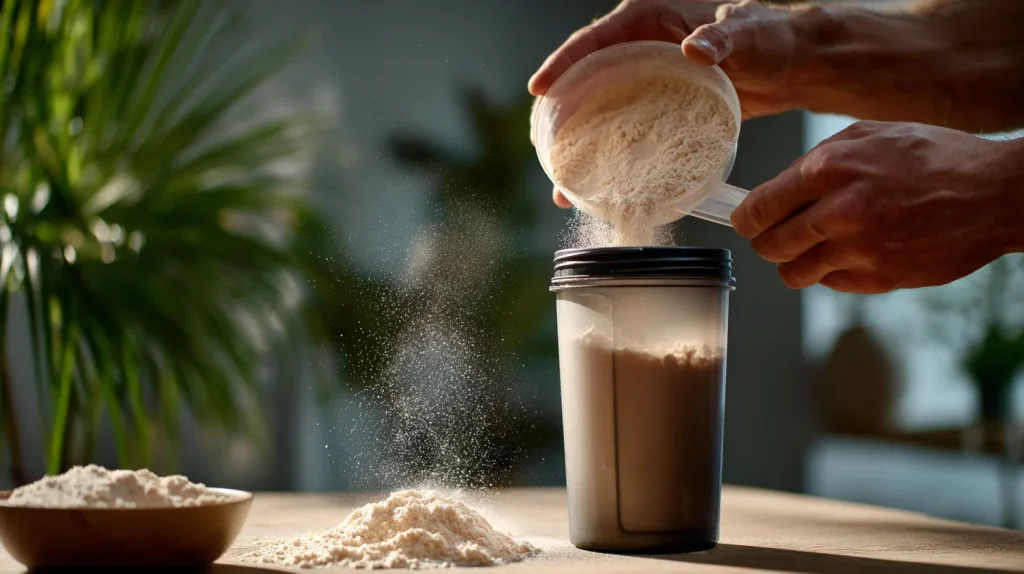 Une main versant de la créatine en poudre dans un shaker contenant déjà de la whey.