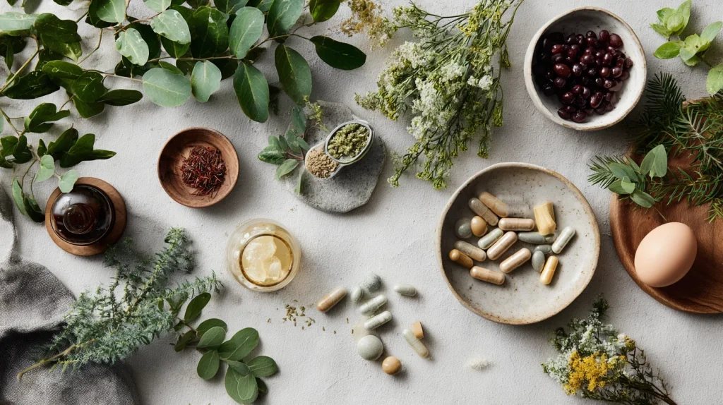 flat lay sobre, avec des plantes, capsules et aliments frais sur fond neutre