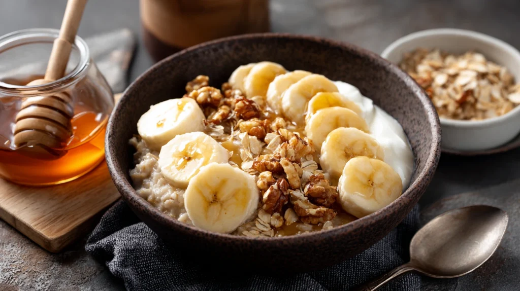 bol petit-déjeuner sportif avec banane, flocons d'avoine et miel