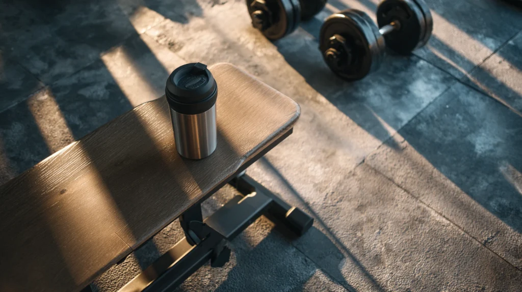 Vue aérienne d'un shaker posé sur un banc de salle de sport avec des haltères à côté