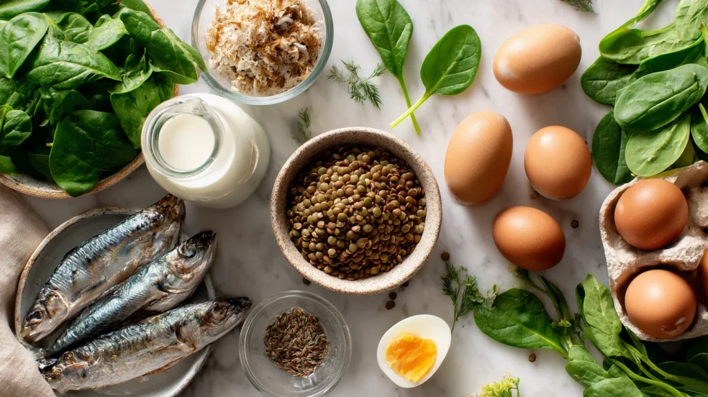 Composition à plat d'aliments riches en nutriments pour la santé pendant la grossesse, joliment disposés sur une surface en marbre clair et propre.