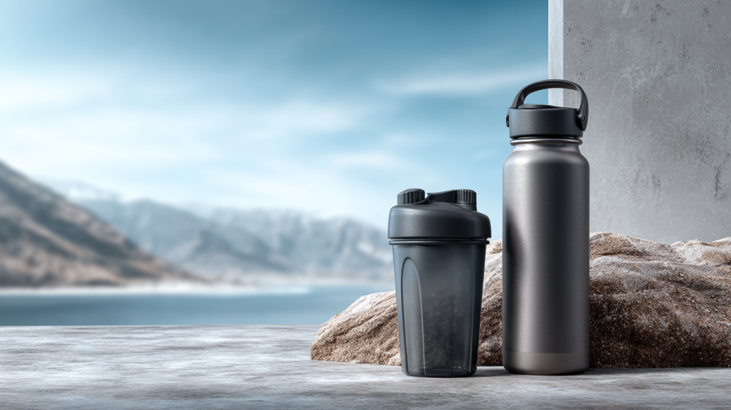 Gourde d'eau et shaker à côté