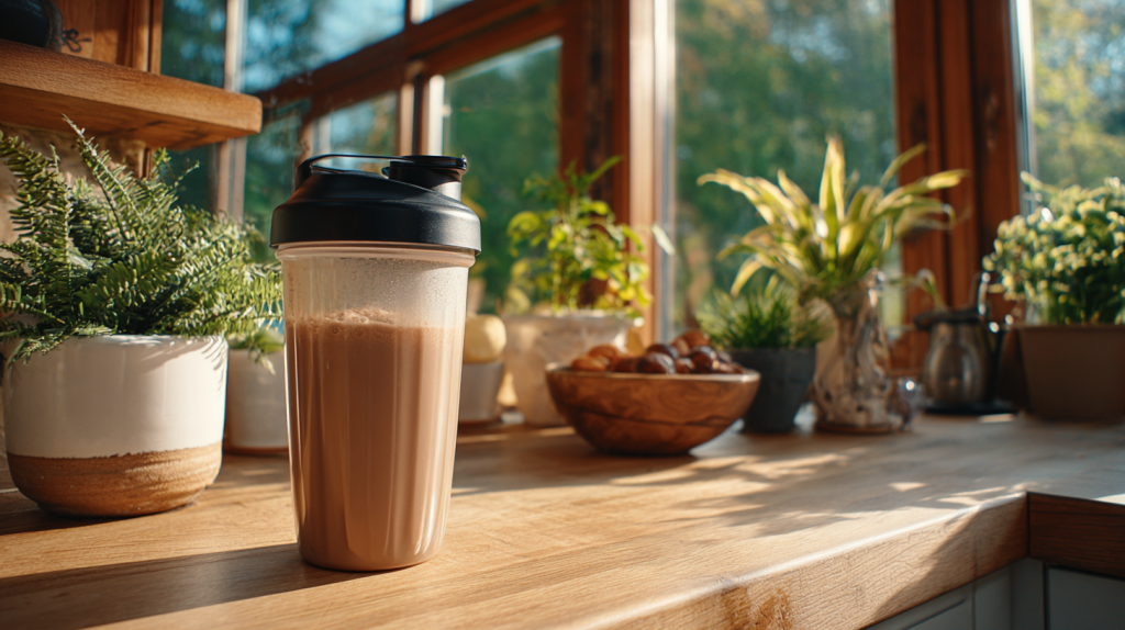 Shaker de whey protéine posée sur un plan de travail de cuisine lumineuse.