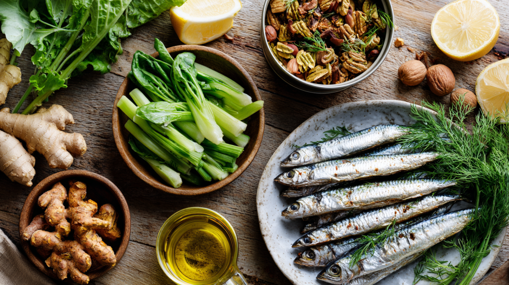 Plan large d'une table avec des aliments anti-inflammatoires variés (sardines en boîte, noix, légumes verts, curcuma frais, huile d'olive)