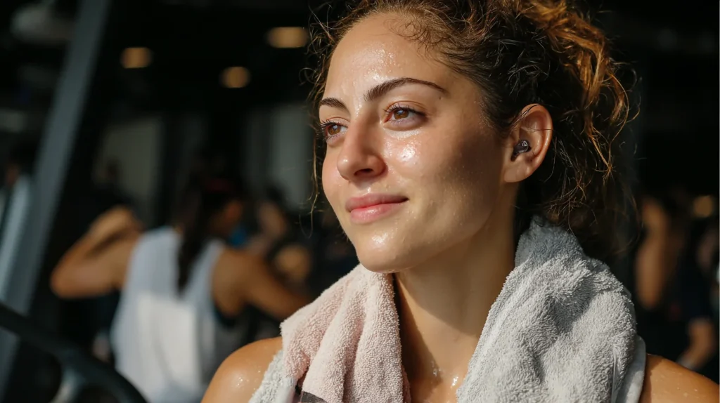 Femme en fin de séance de sport, serviette autour du cou, expression détendue et satisfaite