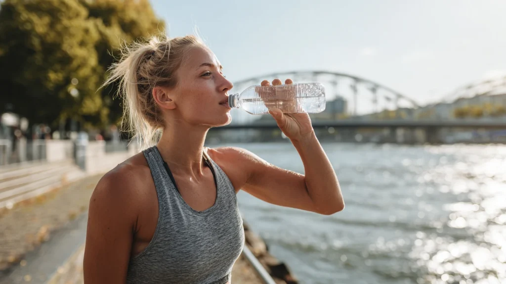 Femme buvant de l'eau après une séance de sport 