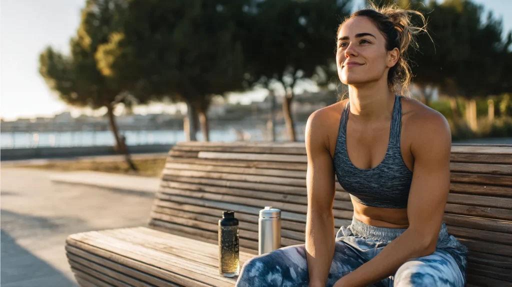 Une femme assise sur un banc après une séance de sport, avec une bouteille d'eau à côté d'elle